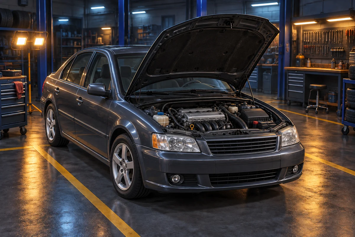 A graphite sedan with its bonnet open in the workshop