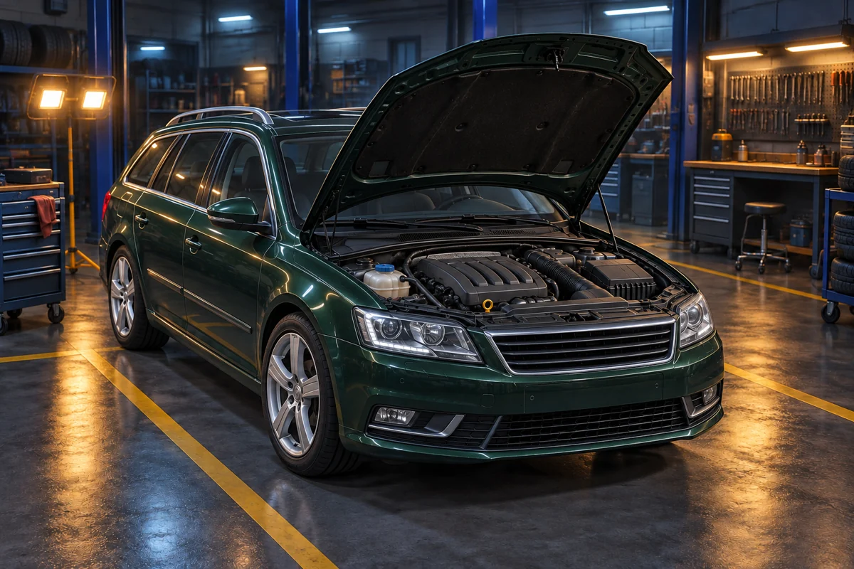 A car with its bonnet open in the Fault Found diagnostic workshop