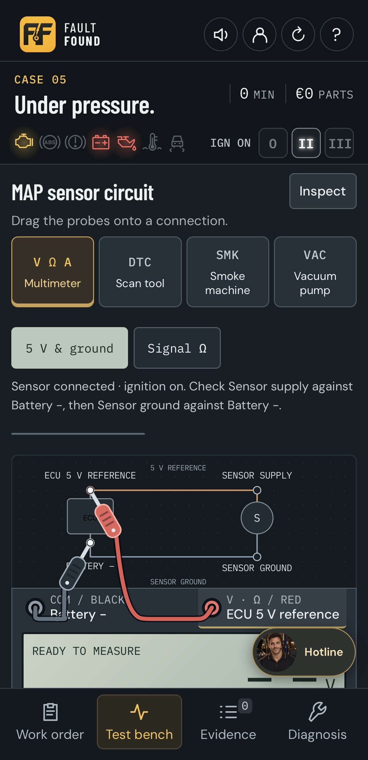 Fault Found multimeter with red and black probes attached to a sensor circuit