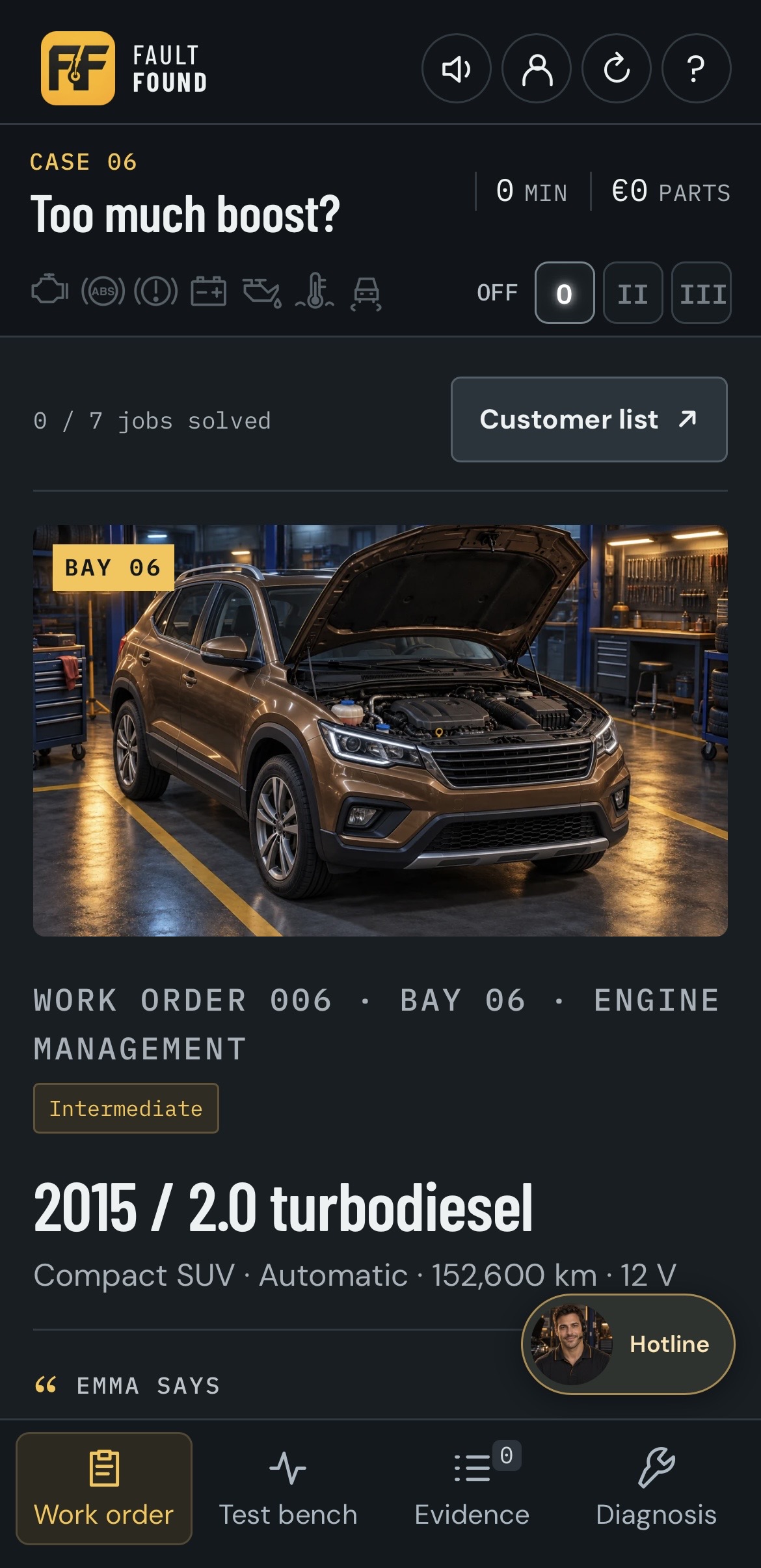 Fault Found work order for Too much boost, with the customer’s SUV and case details